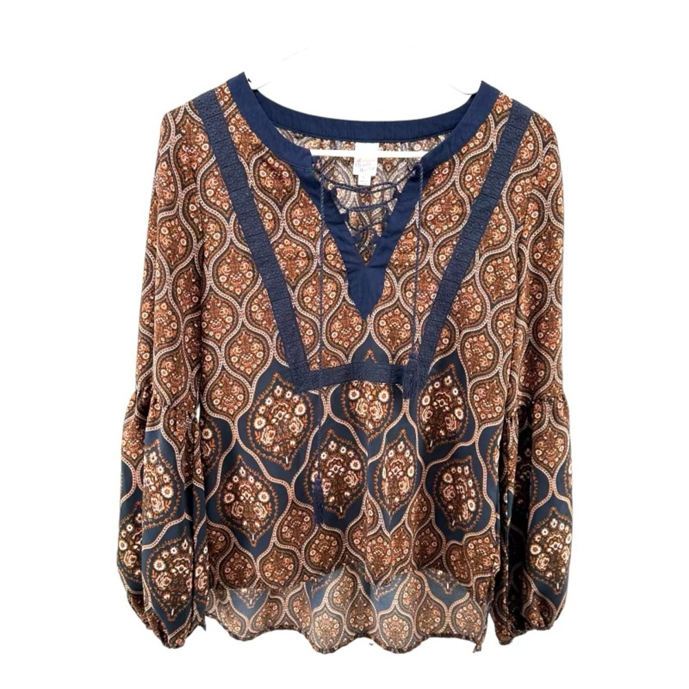 Design Recipe | Women’s S Small Navy & Brown Boho Peasant Fairy Y2K Top Tie
